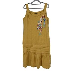 For Cynthia Womens Mustard Yellow Linen Blend Embroidered Floral Dress Size M